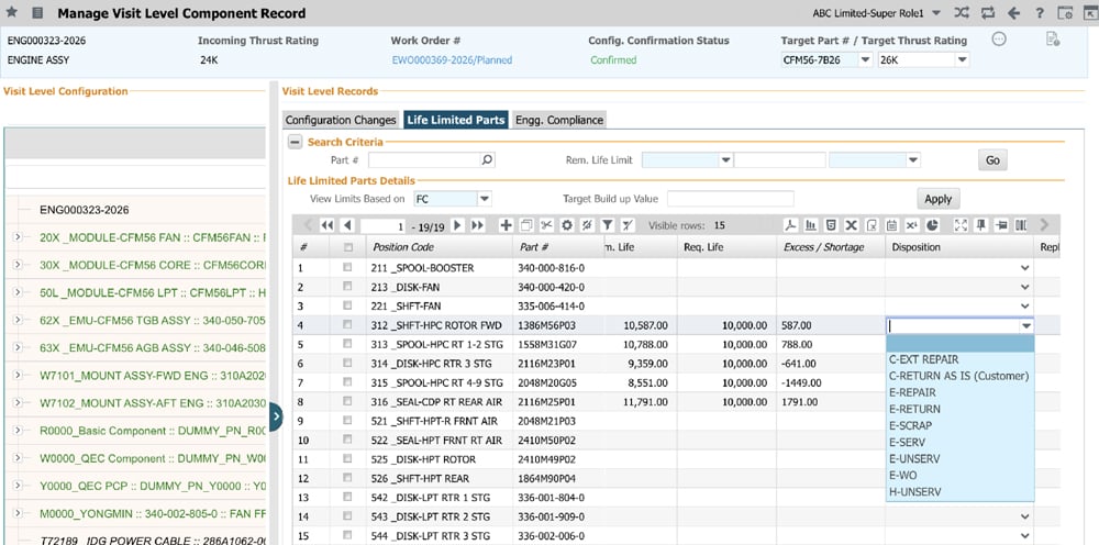 Engine MRO software interface displaying serialized configuration, LLP tracking, and engine build record management