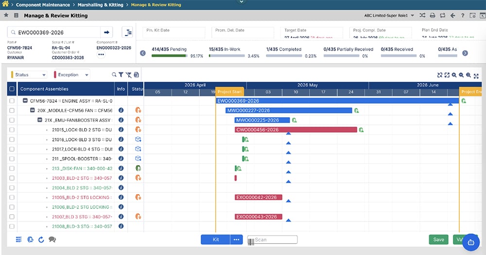 Engine MRO software screen showing piece-part routing, repair workflows, and subcontract maintenance tracking