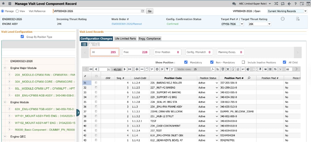 Engine MRO software dashboard showing work scope planning, inspection findings, and maintenance task updates
