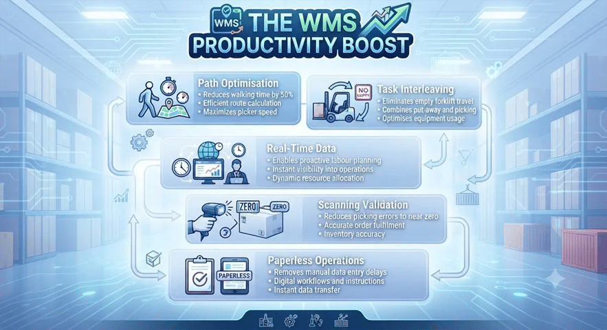 Infographic showing four WMS benefits: Path Optimisation, Task Interleaving, Real-Time Data, and Scanning Validation.